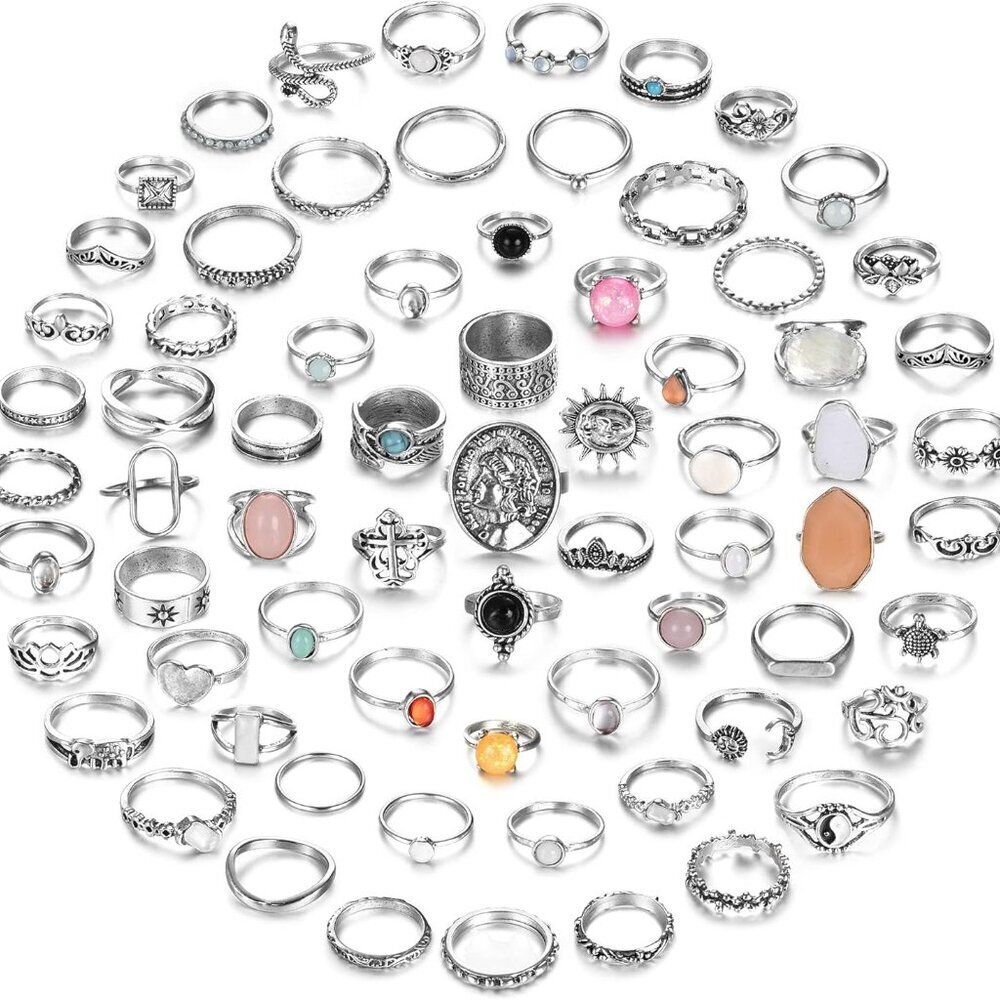 70 Pcs Vintage Crystal Ring Set Silver Knuckle Rings for Women Bohemian Stackabl